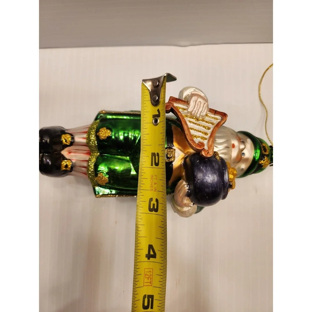 Blown Glass Santa Leprechaun Ornament 6in Glitter Accent, Pot Of Gold Harp,shiny
